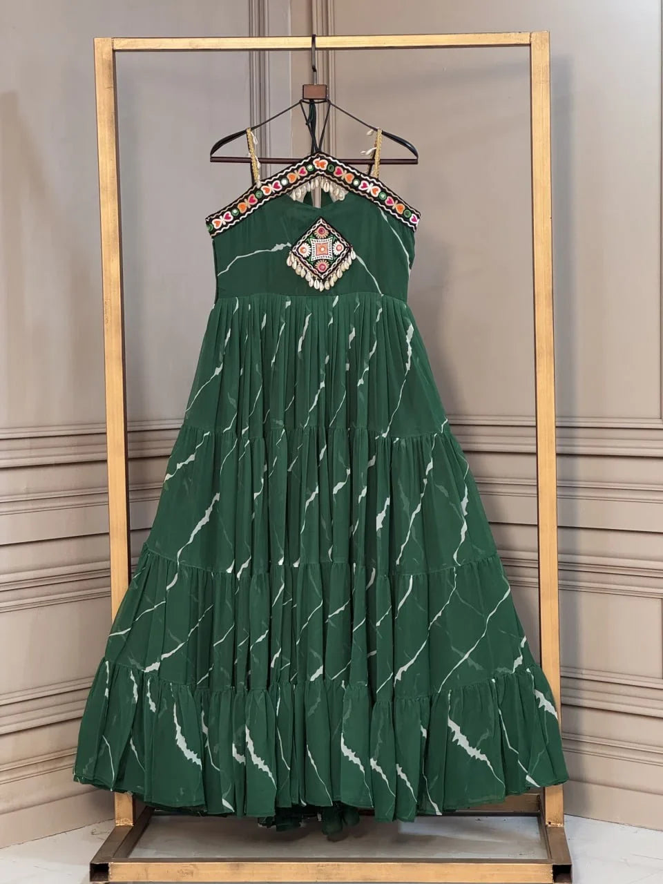 Laheriya Garba Gown with Kutchi Patchwork in Faux Georgette | Chicorawear