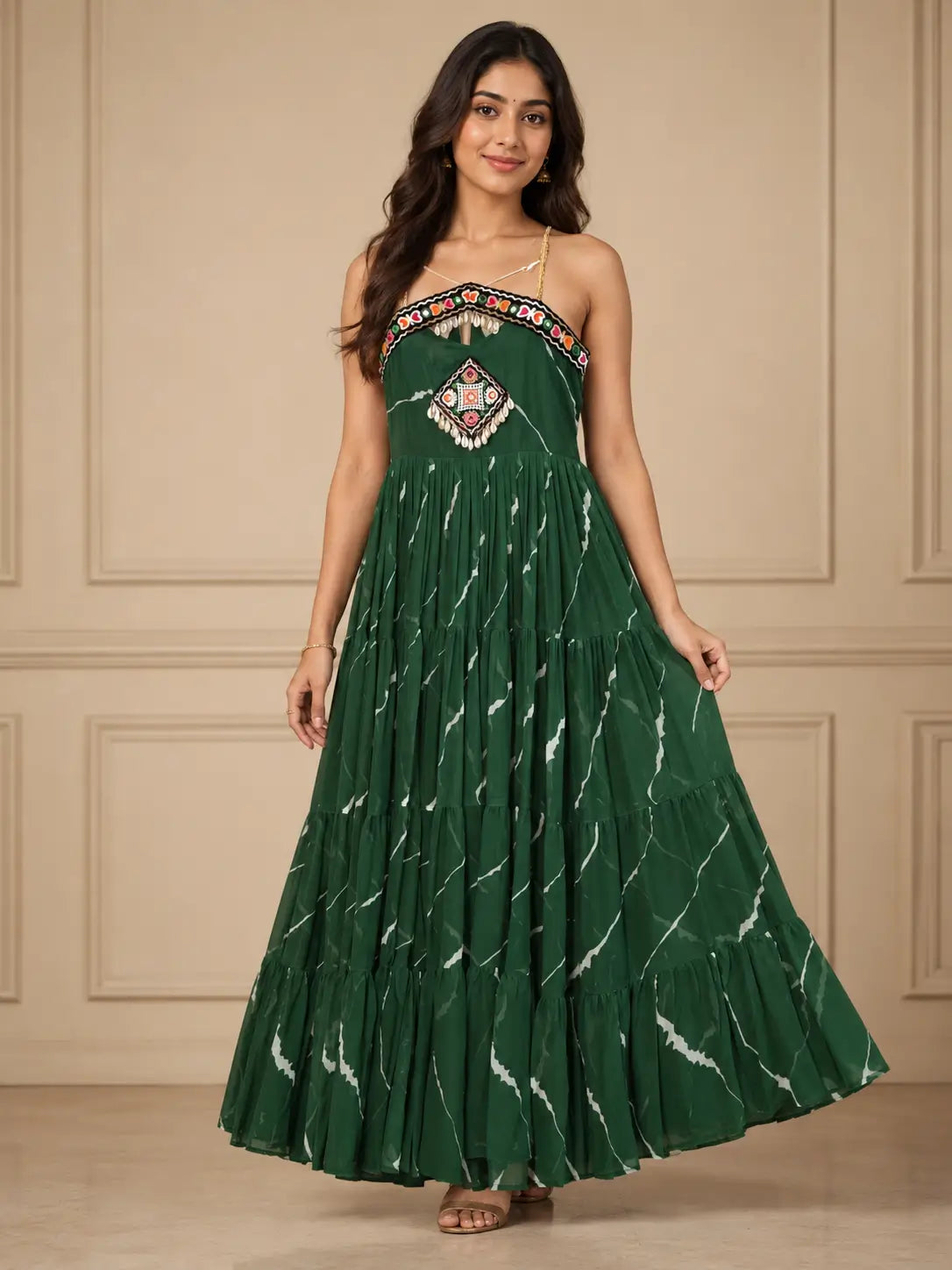 Laheriya Garba Gown with Kutchi Patchwork in Faux Georgette | Chicorawear