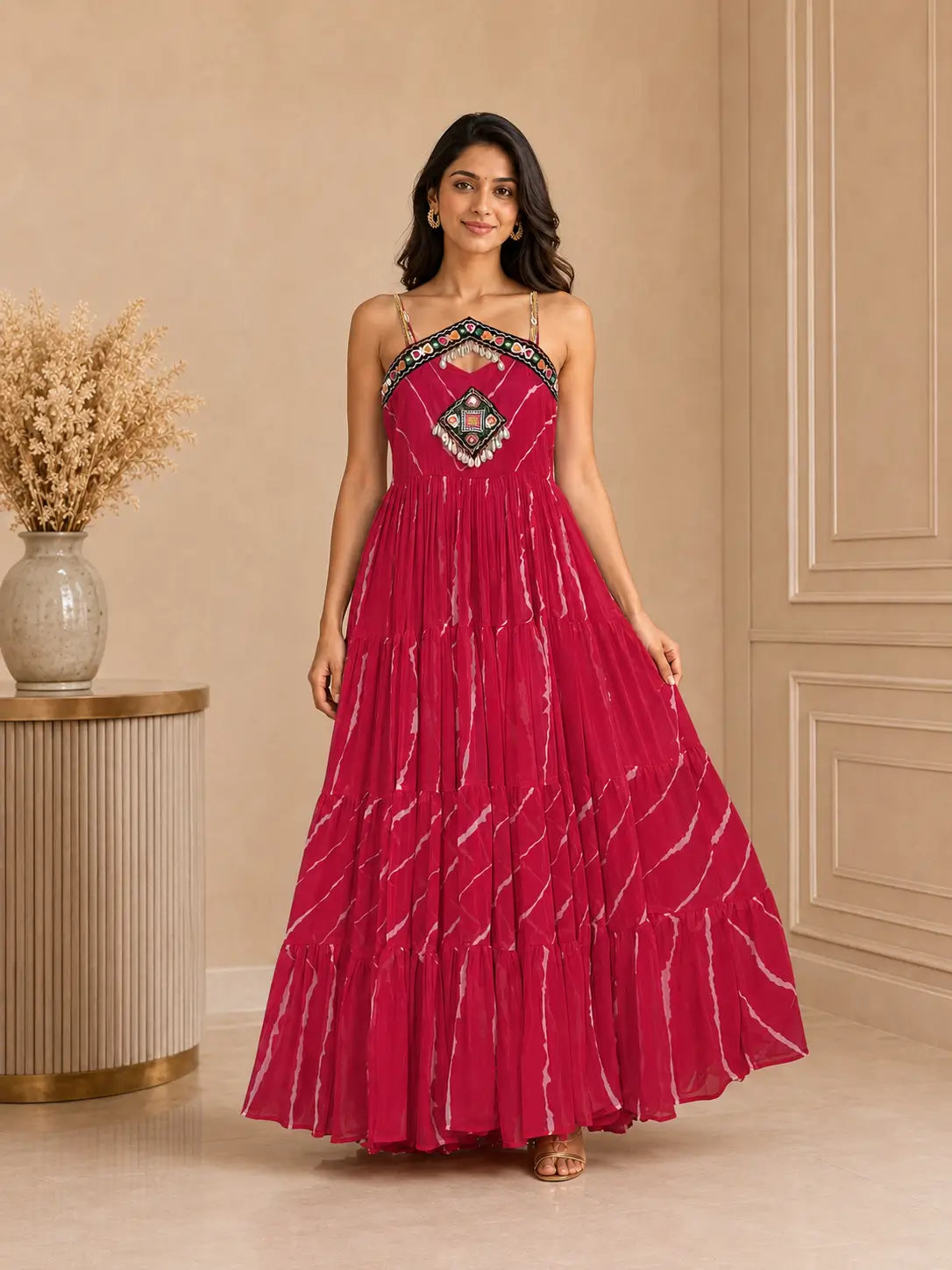 Laheriya Garba Gown with Kutchi Patchwork in Faux Georgette | Chicorawear