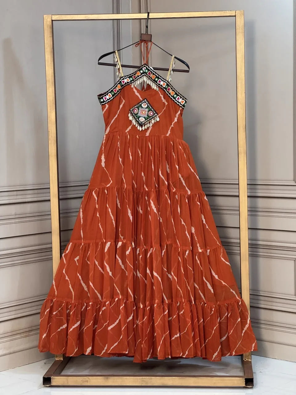 Laheriya Garba Gown with Kutchi Patchwork in Faux Georgette | Chicorawear