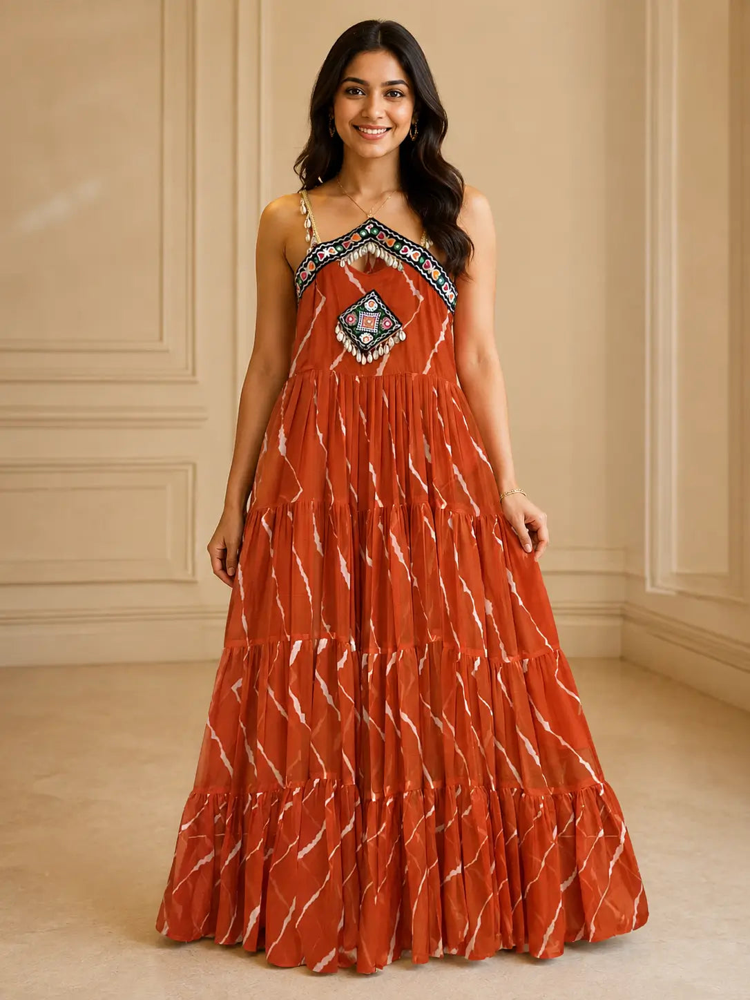 Laheriya Garba Gown with Kutchi Patchwork in Faux Georgette | Chicorawear