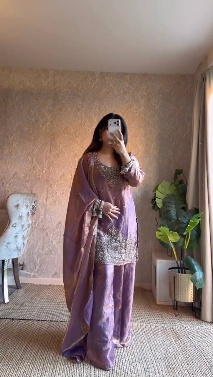 Lavender Purple Embroidered Kurta Palazzo Set with Dupatta – Festive & Wedding Wear for Women