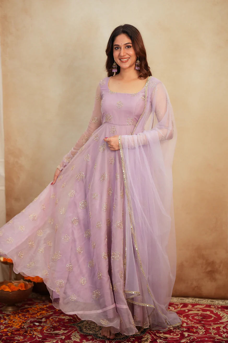 Lavender Organza Anarkali Set with Gold Rose Work & Net Dupatta | Chicorawear