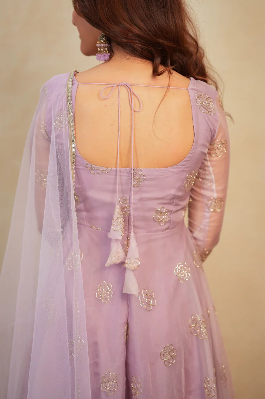 Lavender Organza Anarkali Set with Gold Rose Work & Net Dupatta | Chicorawear