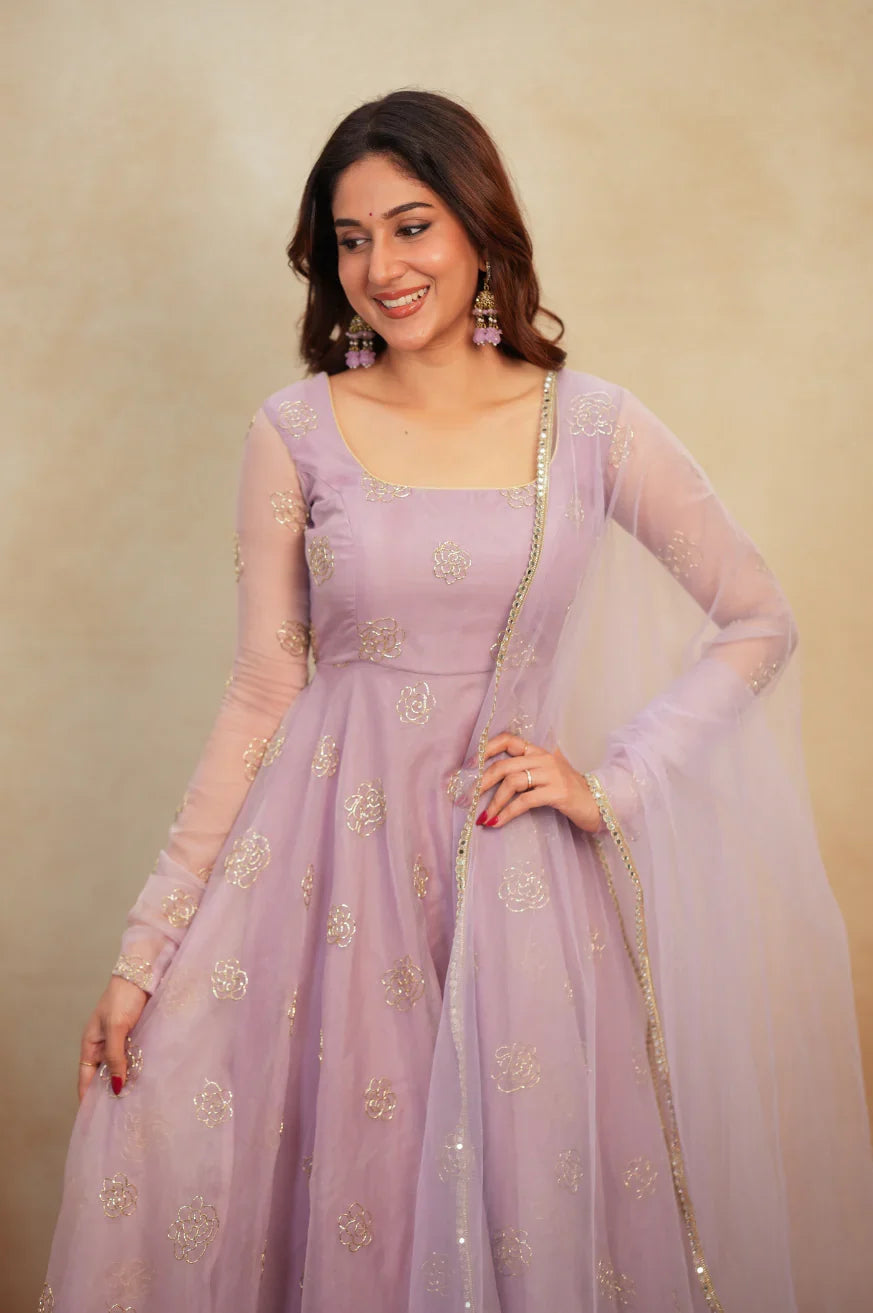 Lavender Organza Anarkali Set with Gold Rose Work & Net Dupatta | Chicorawear