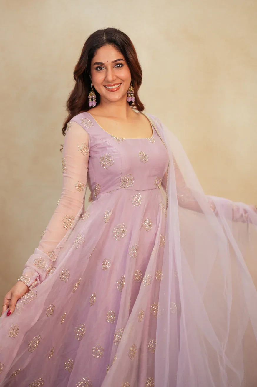 Lavender Organza Anarkali Set with Gold Rose Work & Net Dupatta | Chicorawear