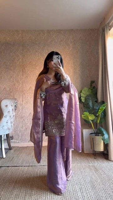 Lavender Purple Embroidered Kurta Palazzo Set with Dupatta – Festive & Wedding Wear for Women