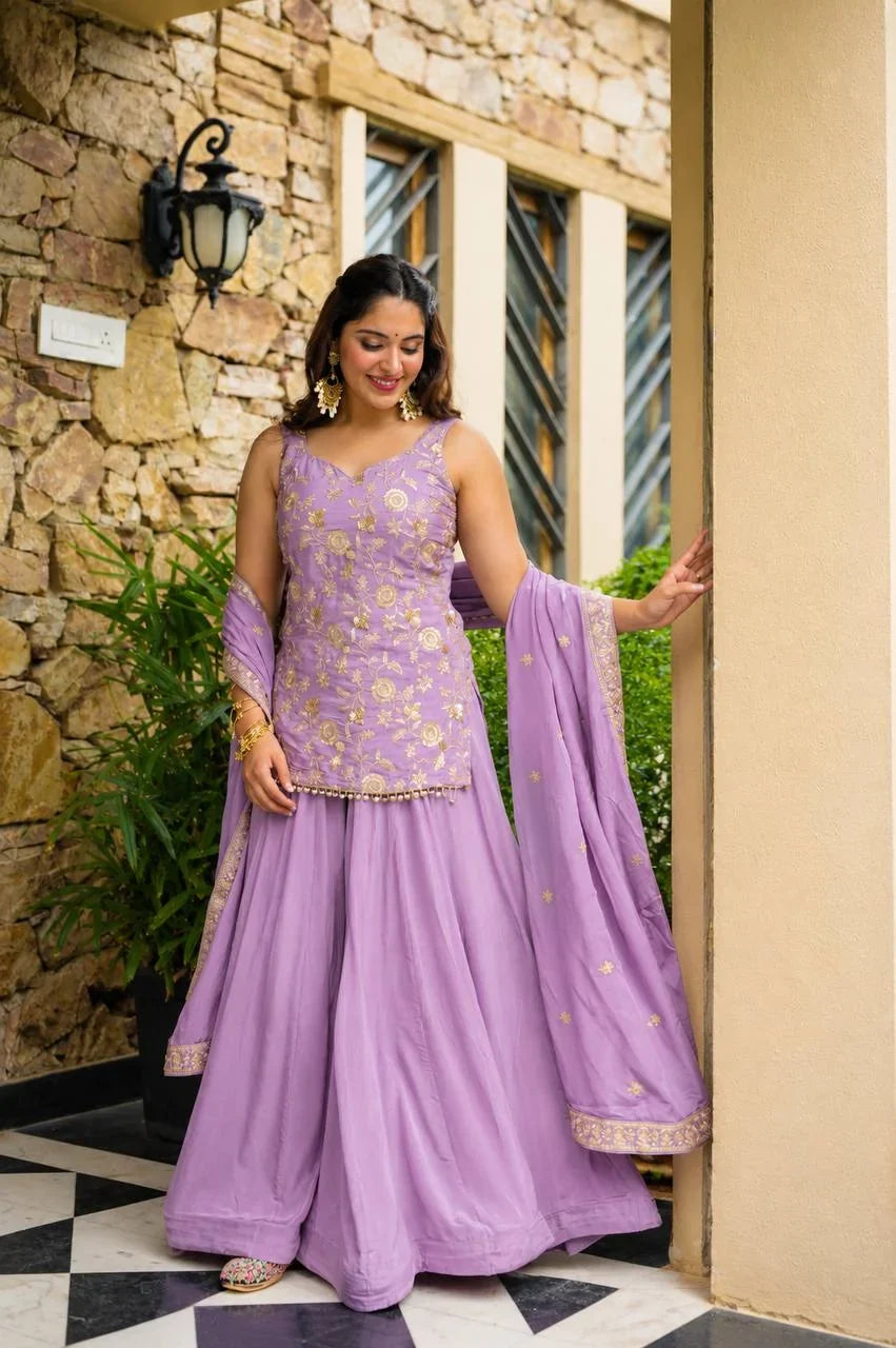 Lavender Sharara Set with Sequin & Zari Embroidery | Chicorawear