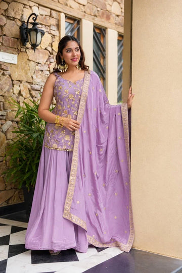 Lavender Sharara Set with Sequin & Zari Embroidery | Chicorawear
