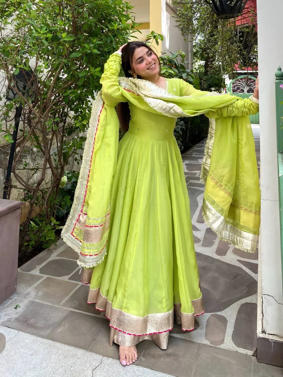 Organza Anarkali Set with Mirror Work