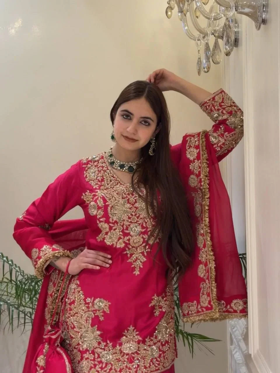 Magenta Chinon Silk Sharara Set | Chicorawear