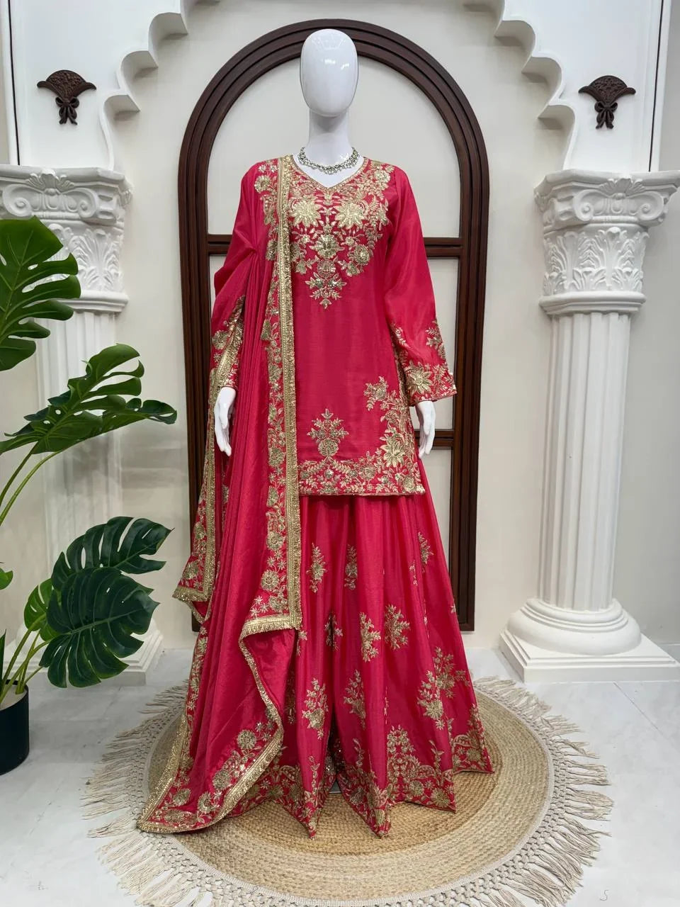 Magenta Chinon Silk Sharara Set | Chicorawear