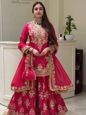 Magenta Chinon Silk Sharara Set | Chicorawear