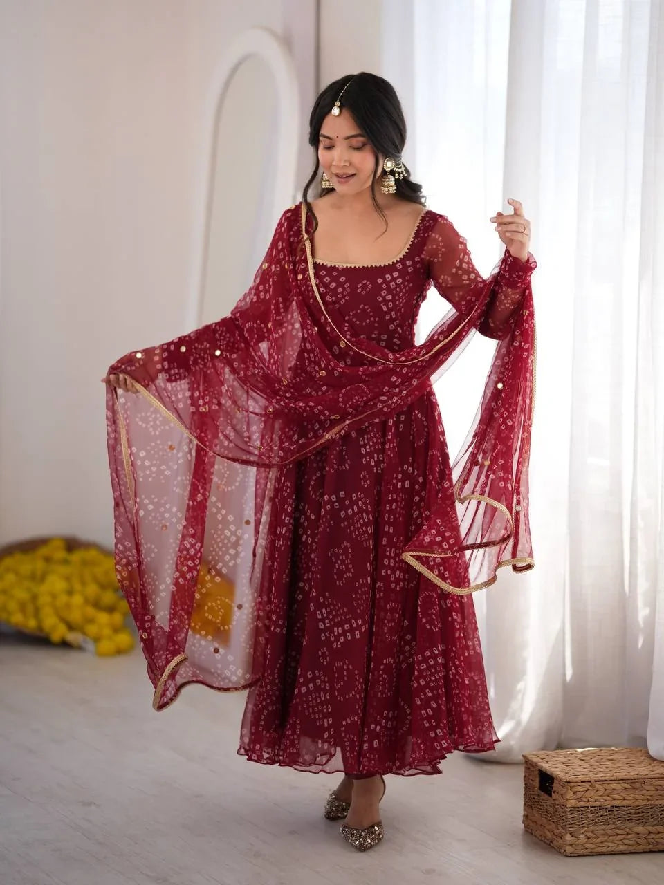 Maroon Bandhani Print Anarkali Set with Mirror Dupatta | Chicorawear