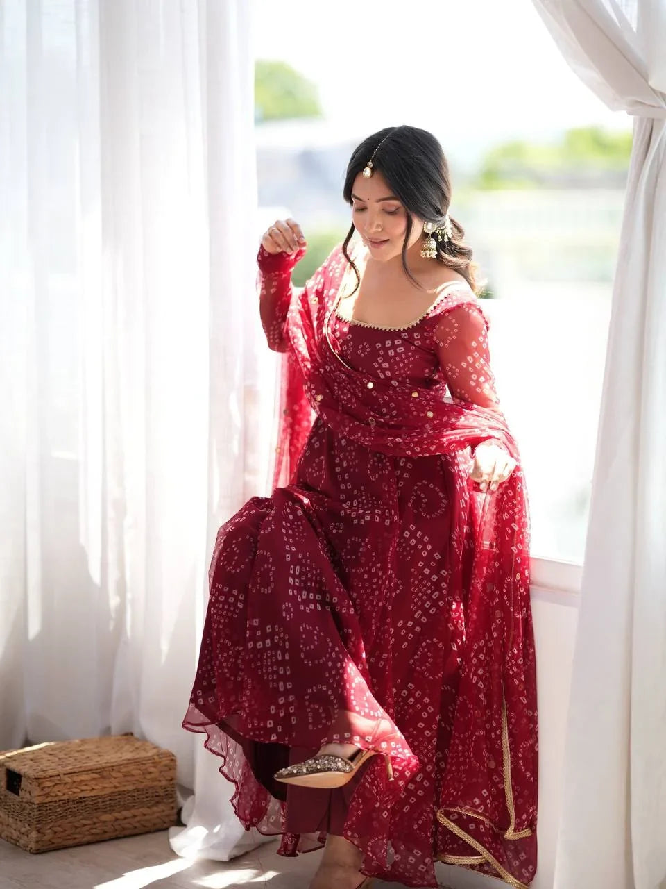 Maroon Bandhani Print Anarkali Set with Mirror Dupatta | Chicorawear
