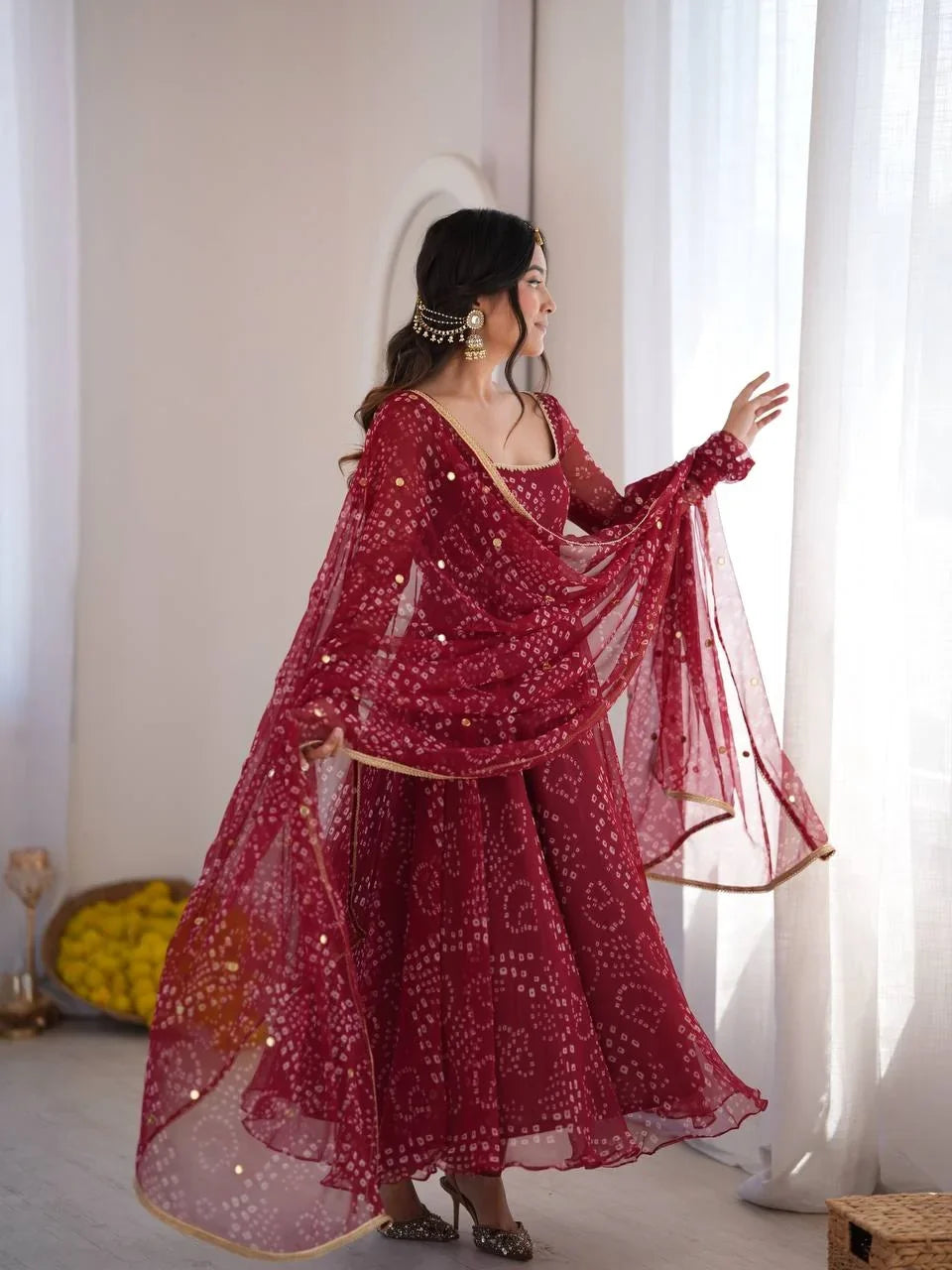 Maroon Bandhani Print Anarkali Set with Mirror Dupatta | Chicorawear