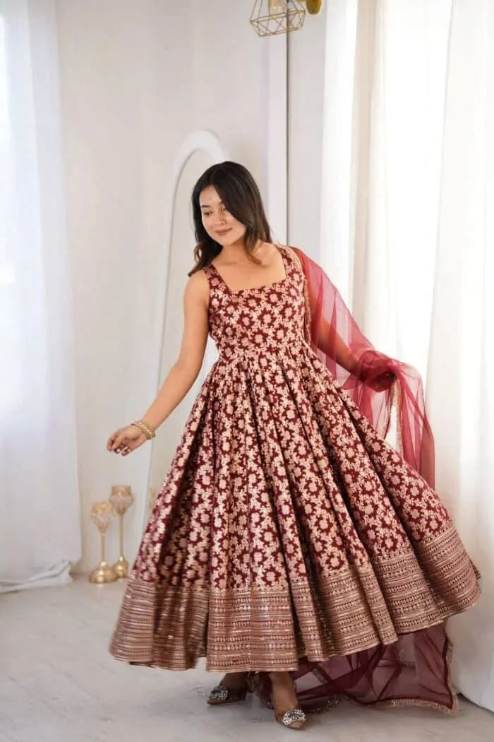 Maroon Chanderi Anarkali Set with Thread & Sequin Work