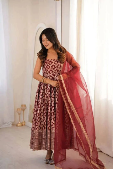 Maroon Chanderi Anarkali Set with Thread & Sequin Work