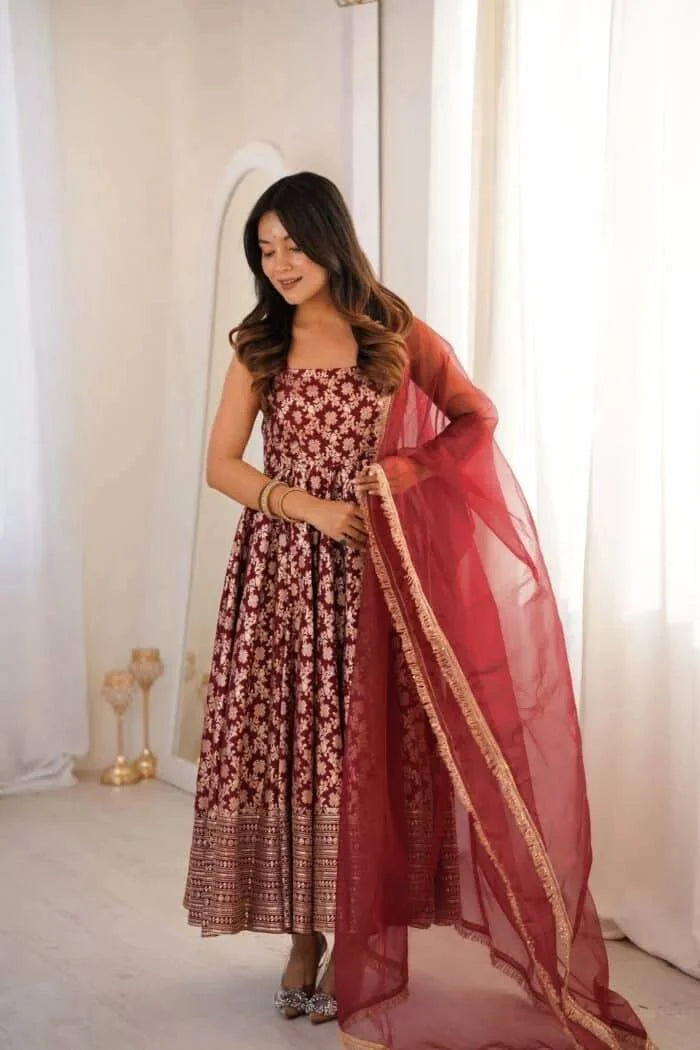 Maroon Chanderi Anarkali Set with Thread & Sequin Work