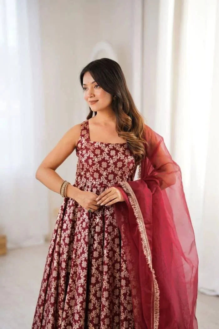 Maroon Chanderi Anarkali Set with Thread & Sequin Work