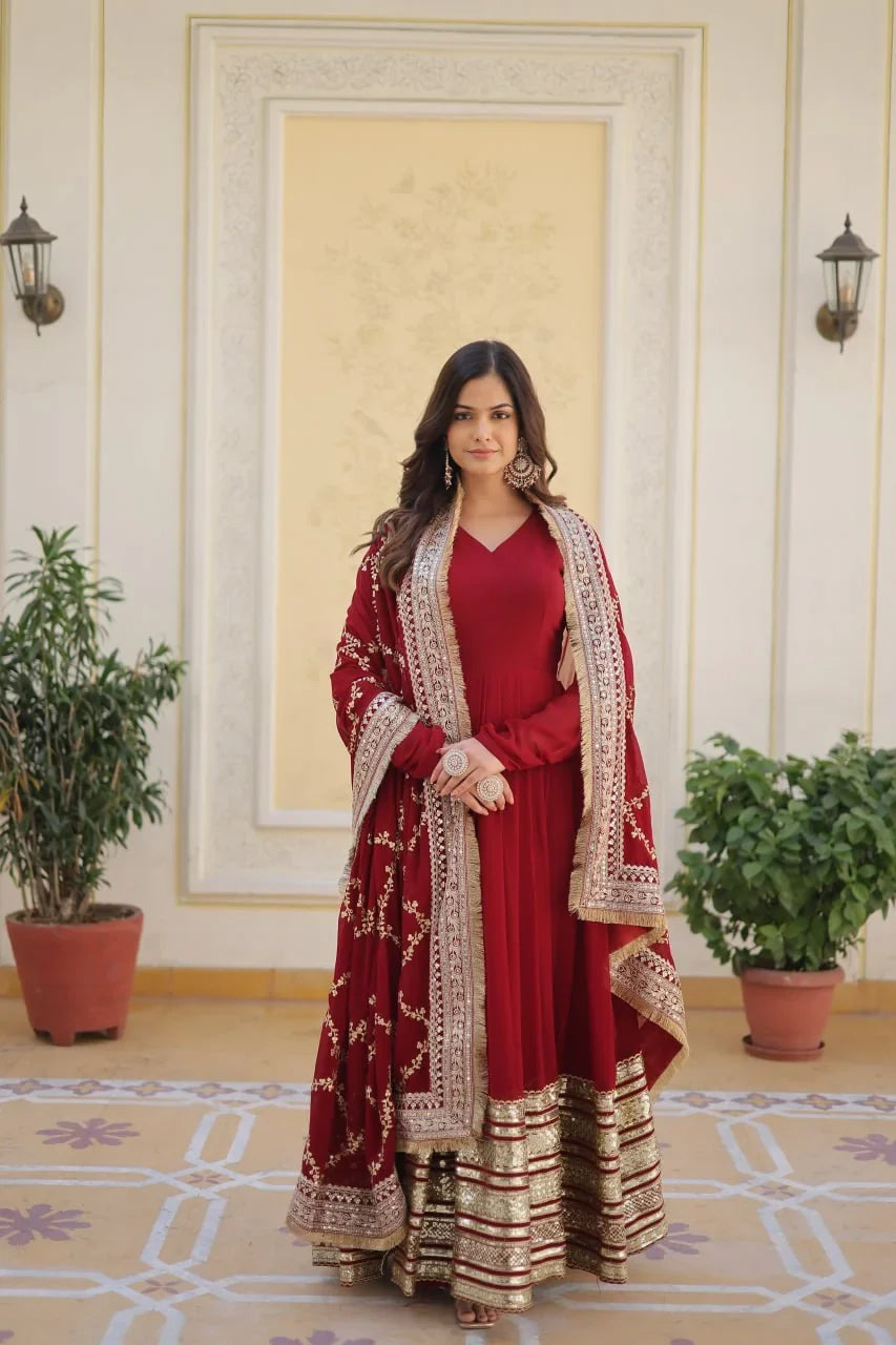 Maroon Gown with Heavy Sequin Dupatta – Gold Gota Border