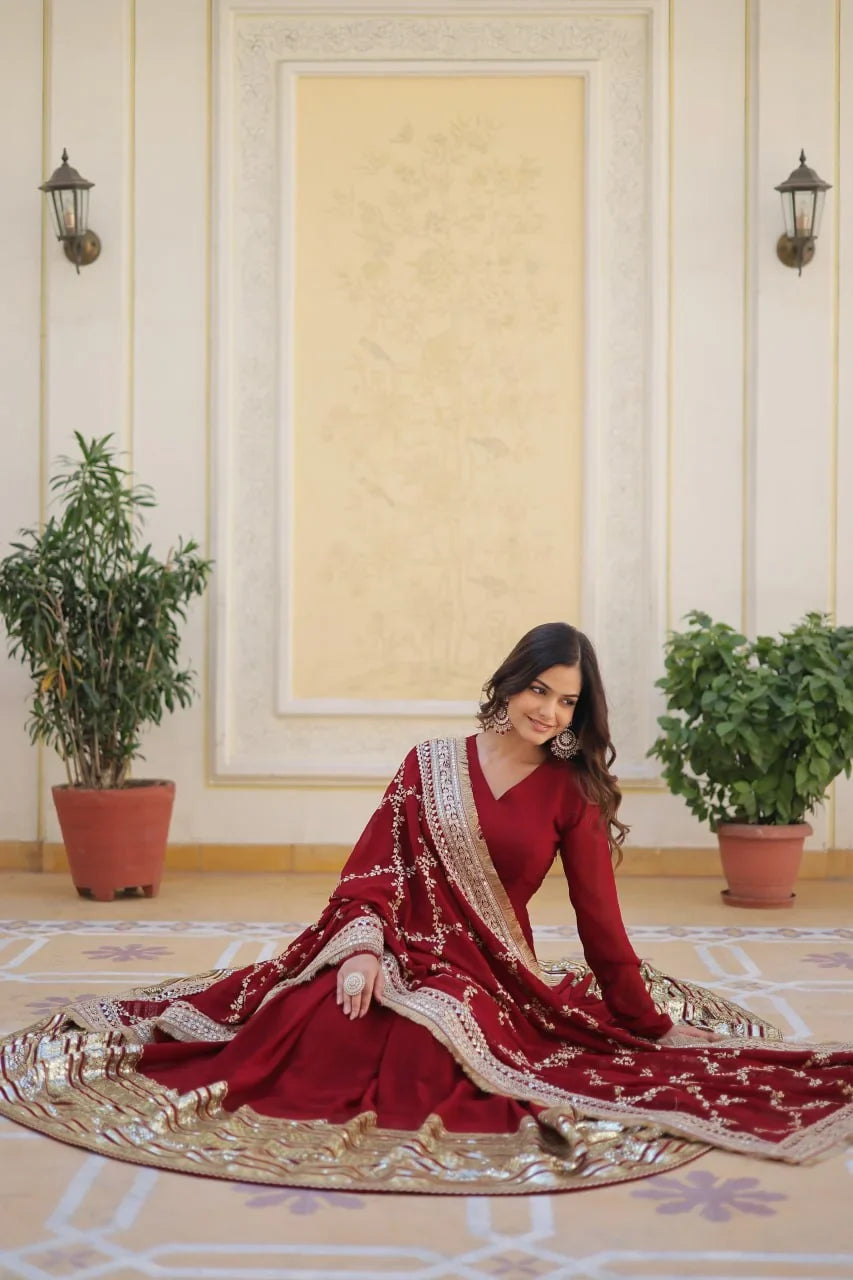 Maroon Gown with Heavy Sequin Dupatta – Gold Gota Border