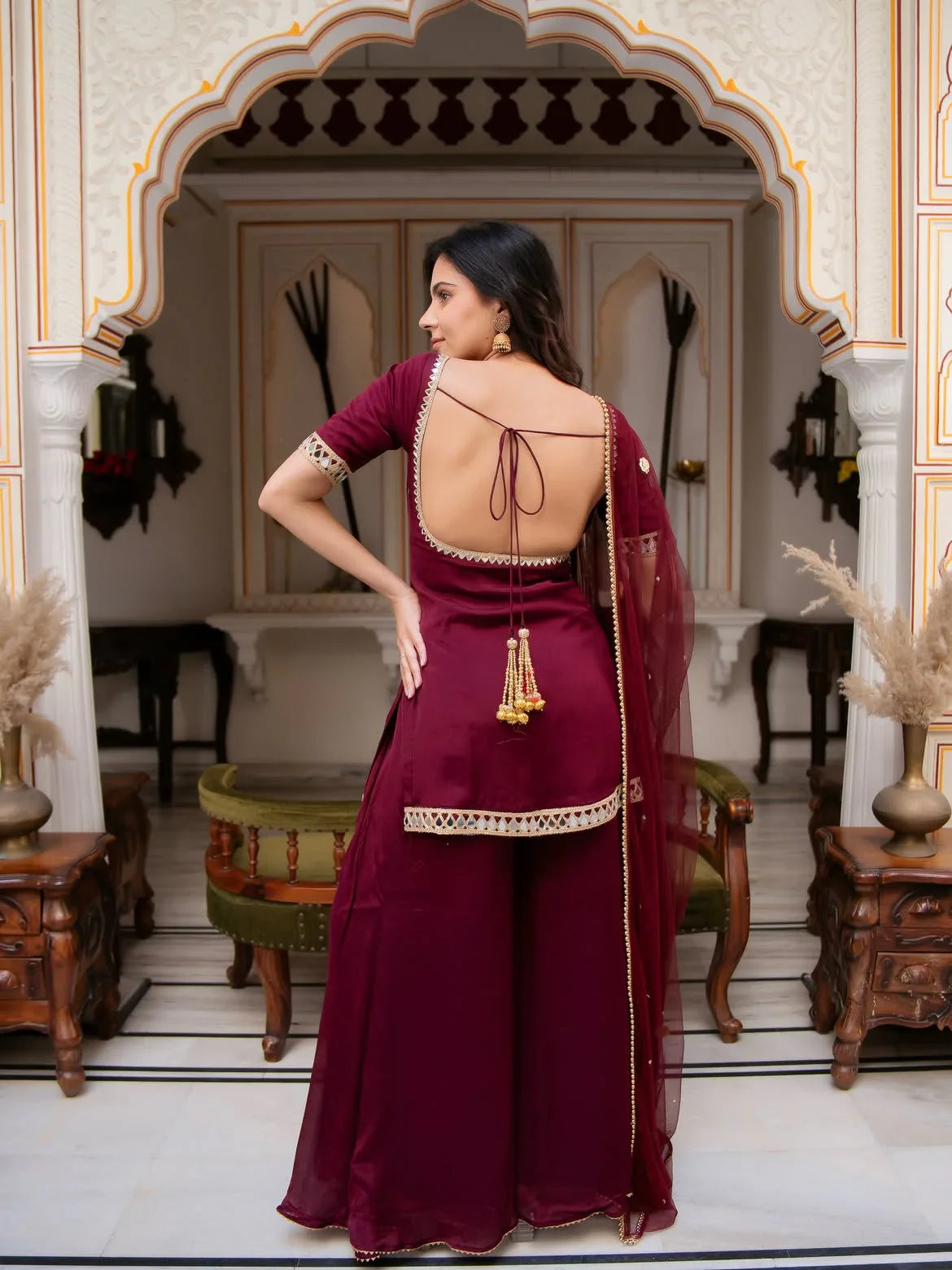 Maroon Mirror Work Palazzo Set for Women | Chicora Wear