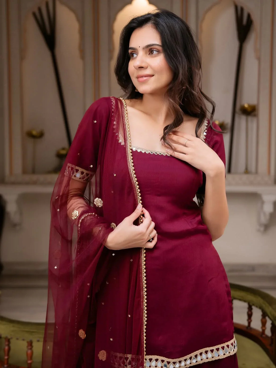 Maroon Mirror Work Palazzo Set for Women | Chicora Wear