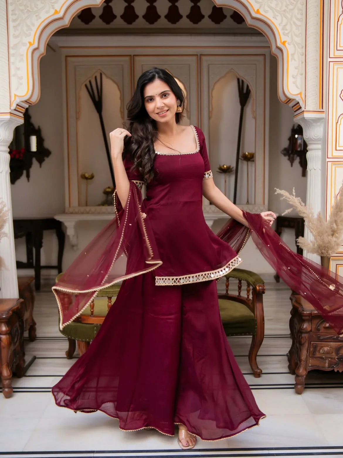 Maroon Mirror Work Palazzo Set for Women | Chicora Wear
