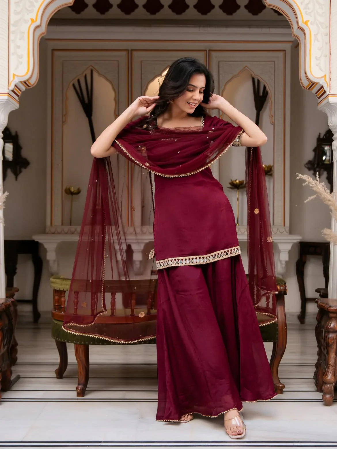 Maroon Mirror Work Palazzo Set for Women | Chicora Wear