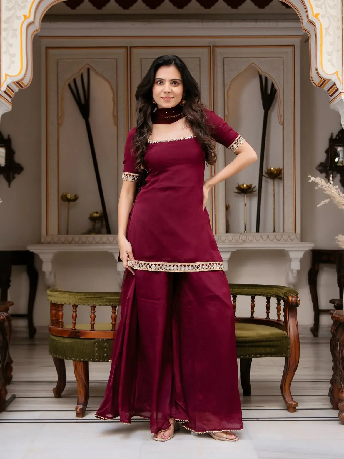 Maroon Mirror Work Palazzo Set for Women | Chicora Wear