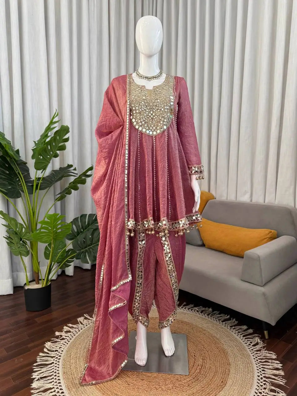 Mauve Pink Mirror Work Kurta Dhoti Set