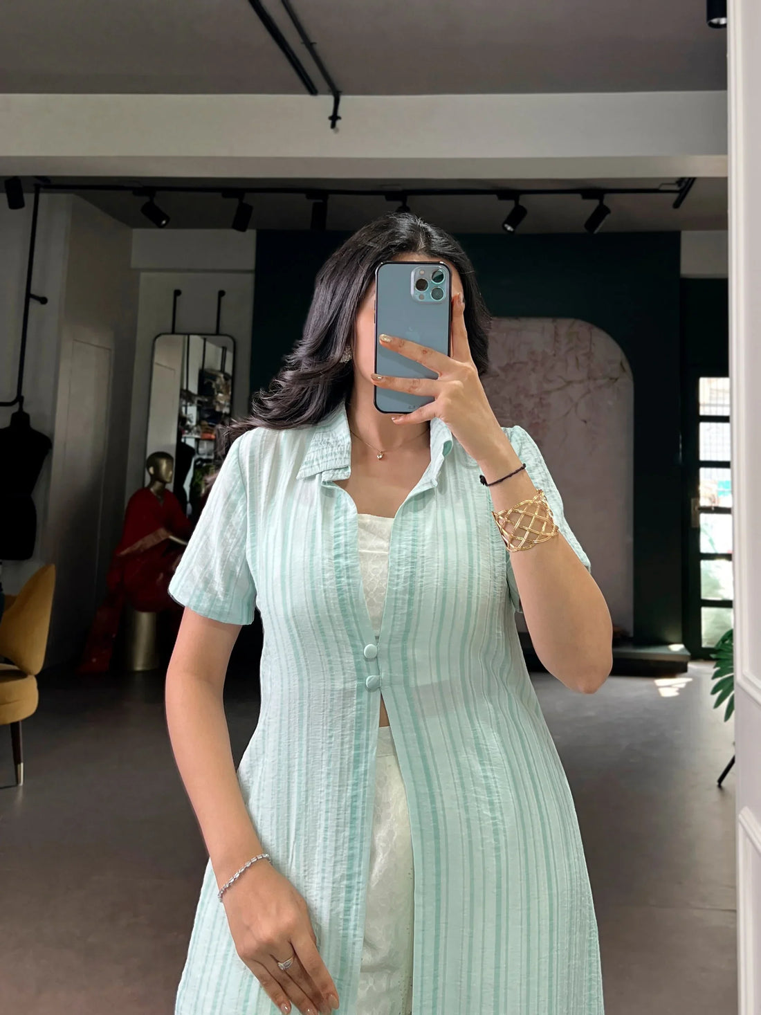 Mint Green Indo Western Set – Stripe Shrug with Palazzo Pant | Chicora Wear