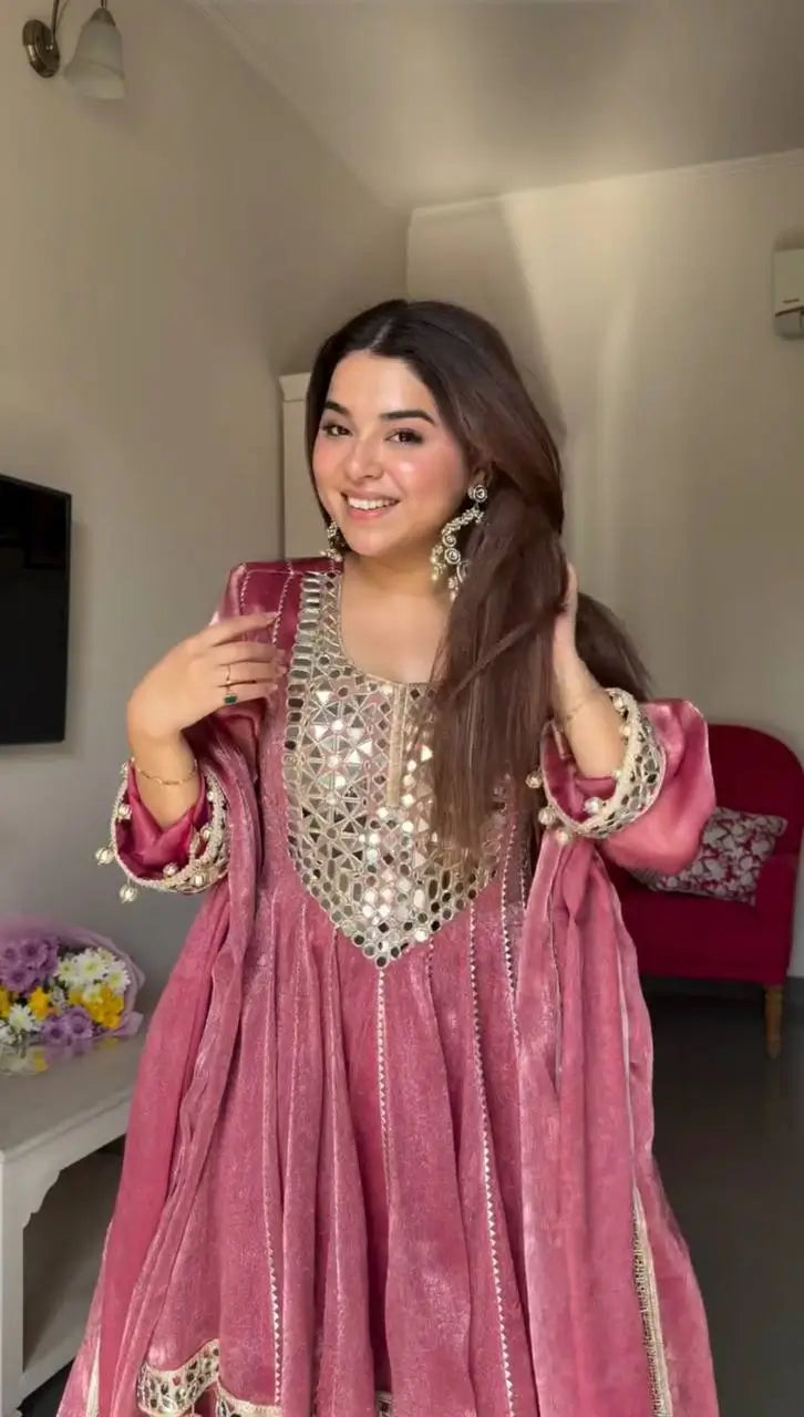 Mauve Pink Mirror Work Kurta Dhoti Set