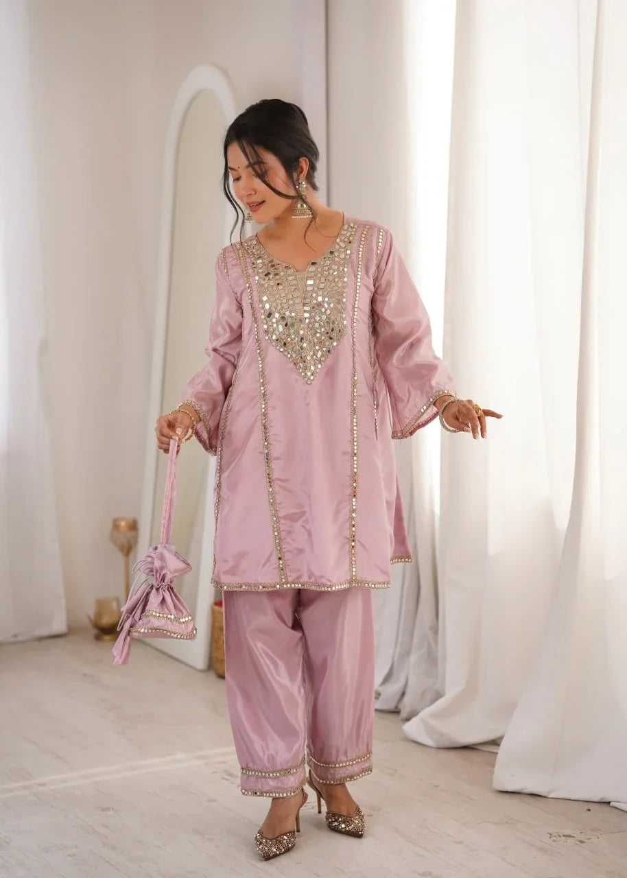 HO Fabric Mirror Work Kurti Pant Set with Batwa | Chicorawear