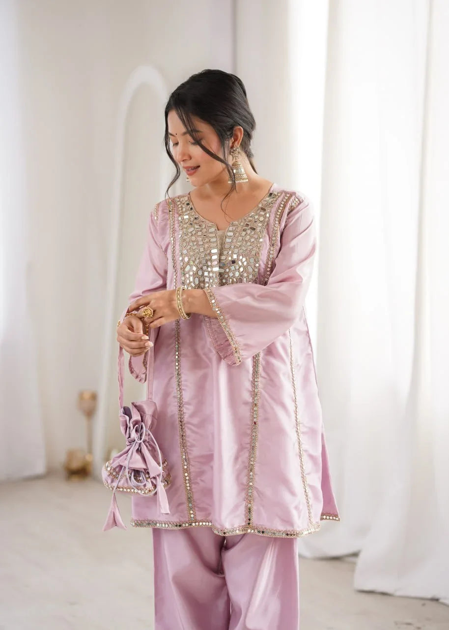 HO Fabric Mirror Work Kurti Pant Set with Batwa | Chicorawear