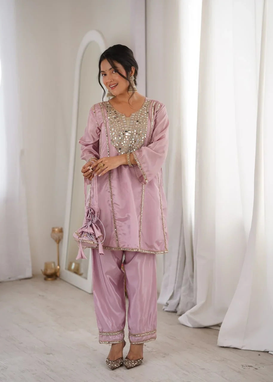 HO Fabric Mirror Work Kurti Pant Set with Batwa | Chicorawear