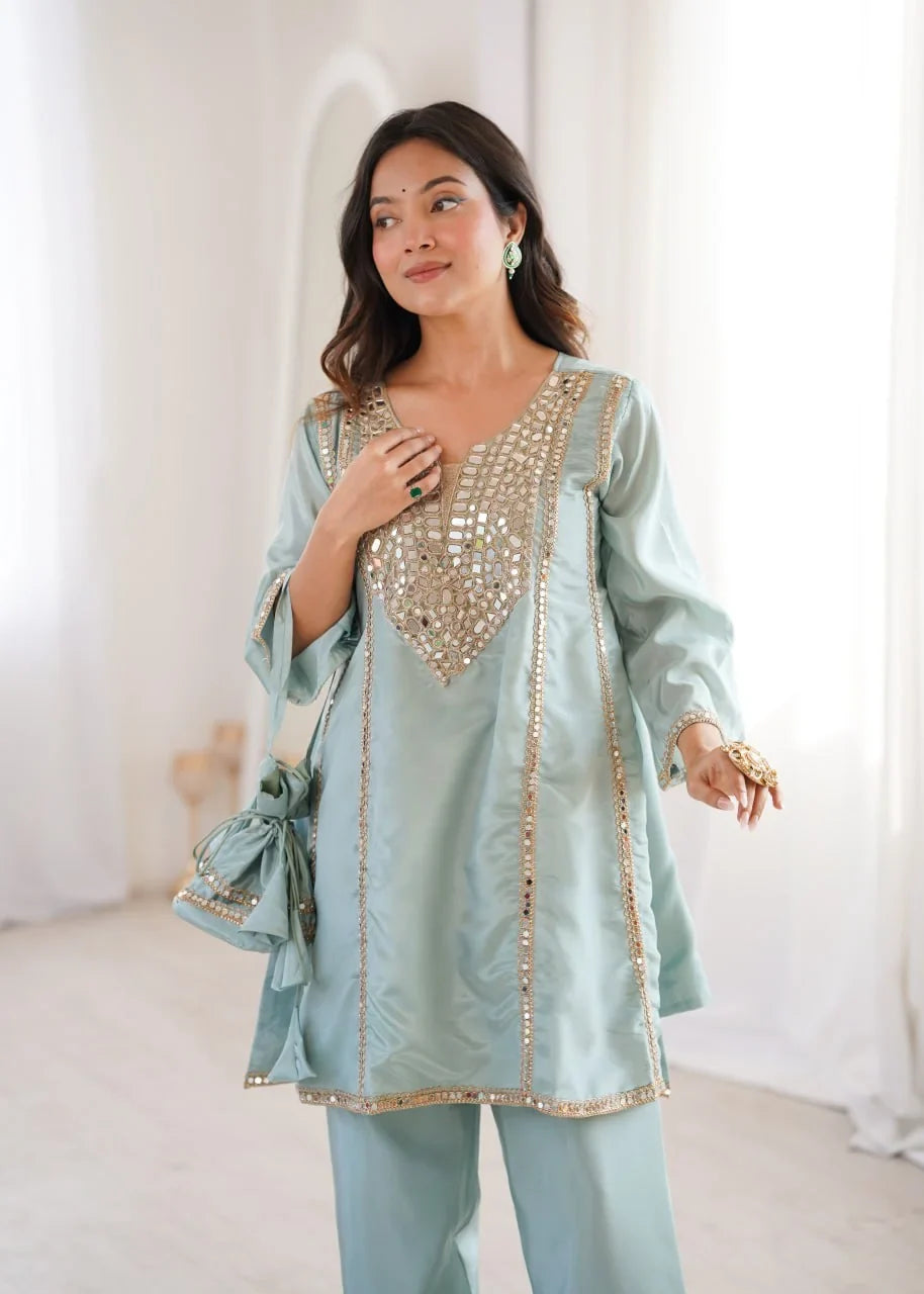 HO Fabric Mirror Work Kurti Pant Set with Batwa | Chicorawear