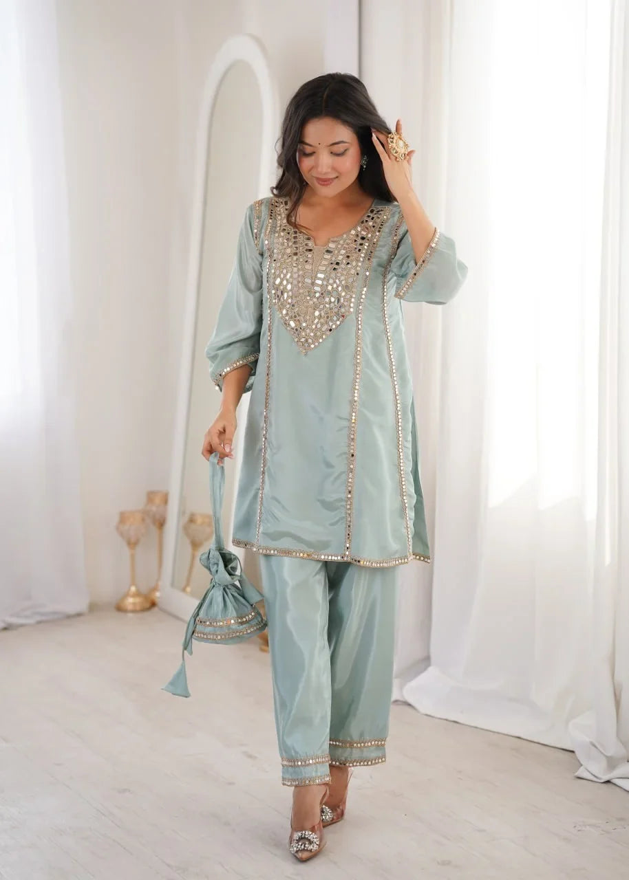 HO Fabric Mirror Work Kurti Pant Set with Batwa | Chicorawear