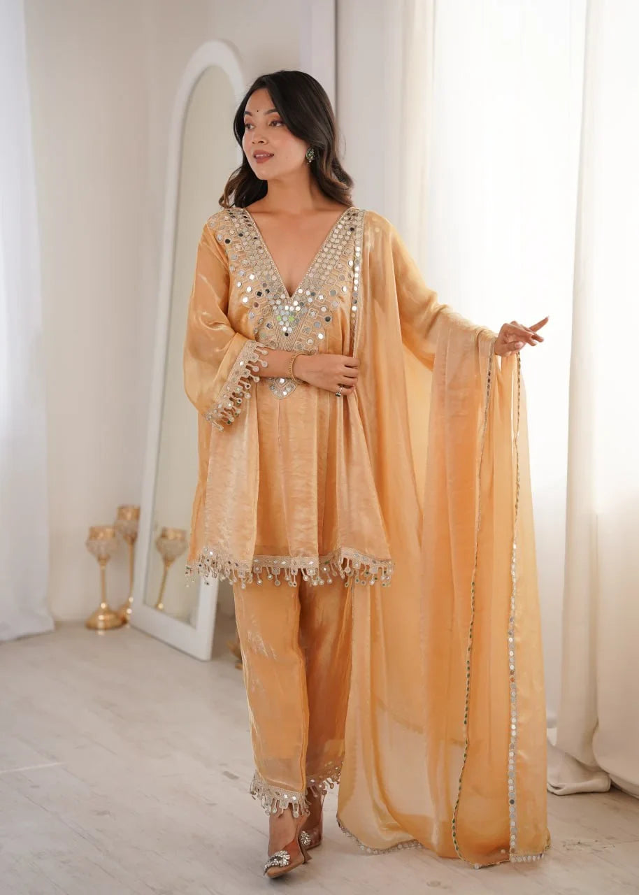 Fendi Fabric Mirror Work Kurti Pant Set with Dupatta | Chicorawear