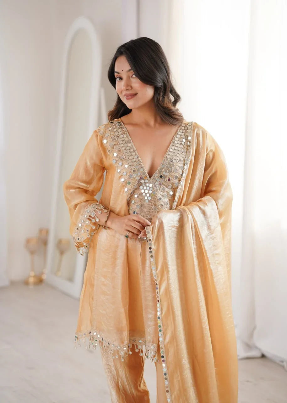 Fendi Fabric Mirror Work Kurti Pant Set with Dupatta | Chicorawear
