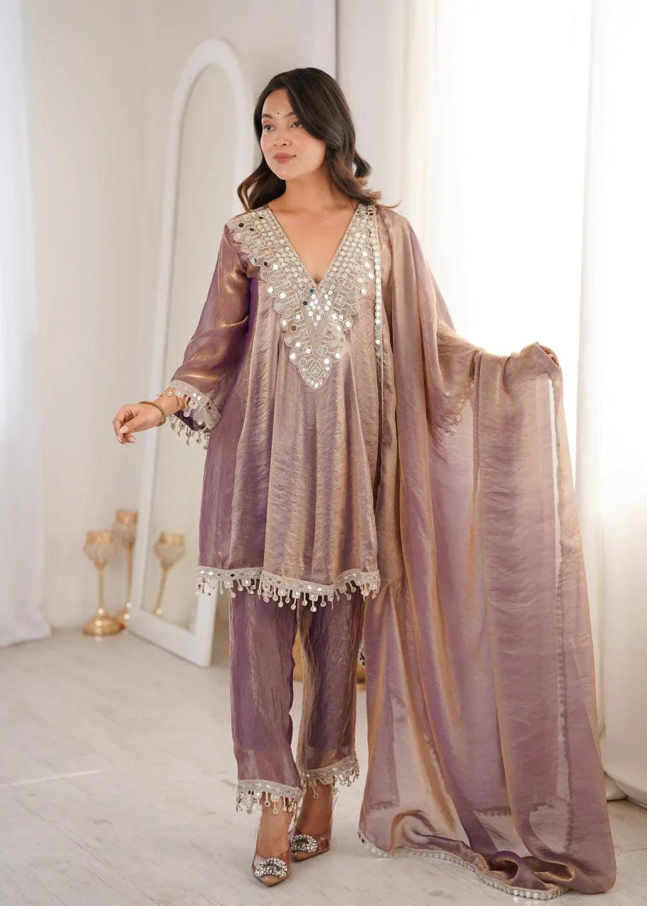 Fendi Fabric Mirror Work Kurti Pant Set with Dupatta | Chicorawear