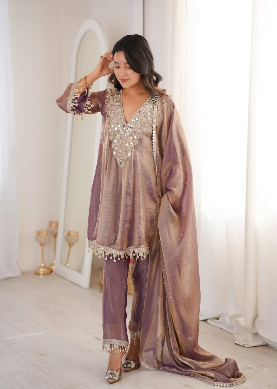 Fendi Fabric Mirror Work Kurti Pant Set with Dupatta | Chicorawear