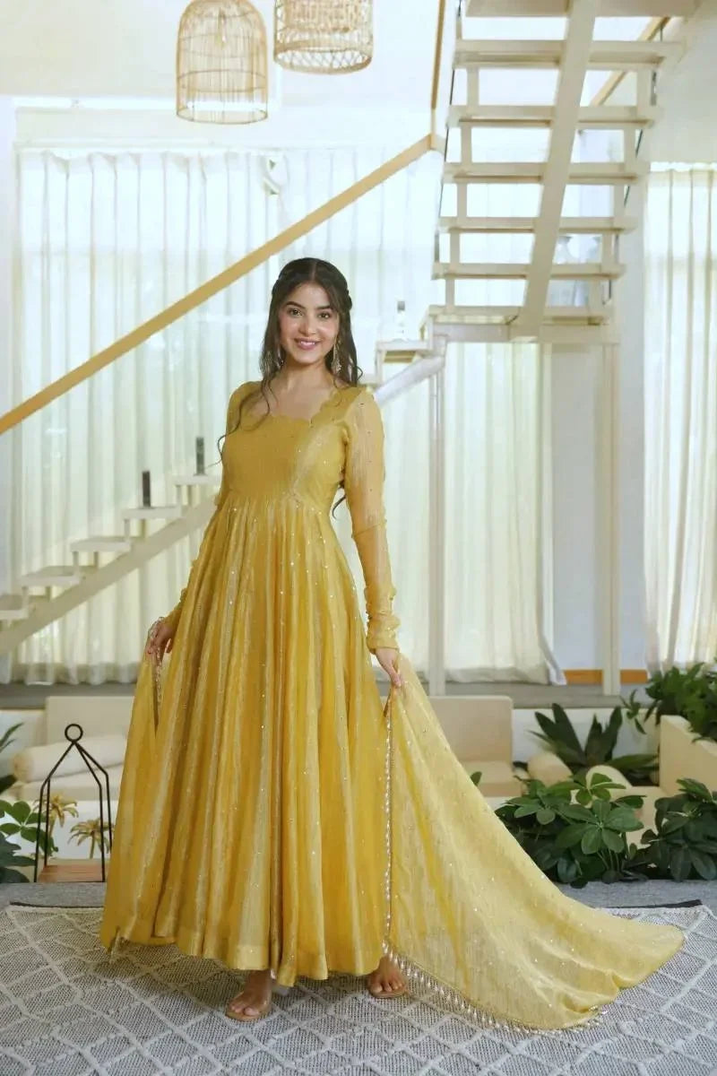 Mustard Yellow Salsa Silk Gown with Foil Work & Dupatta | Chicorawear