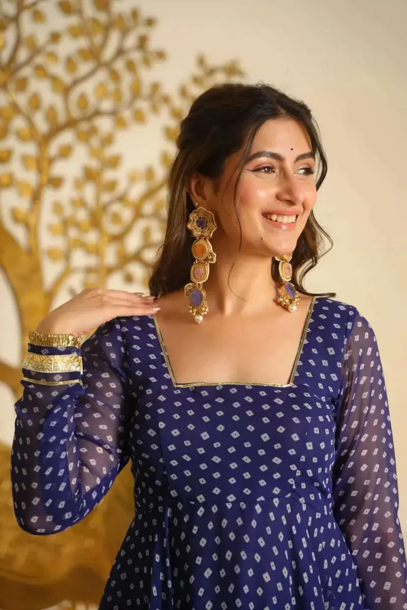 Navy Blue Bandhani Anarkali Set with Gota Patti Lace & Dupatta | Chicorawear