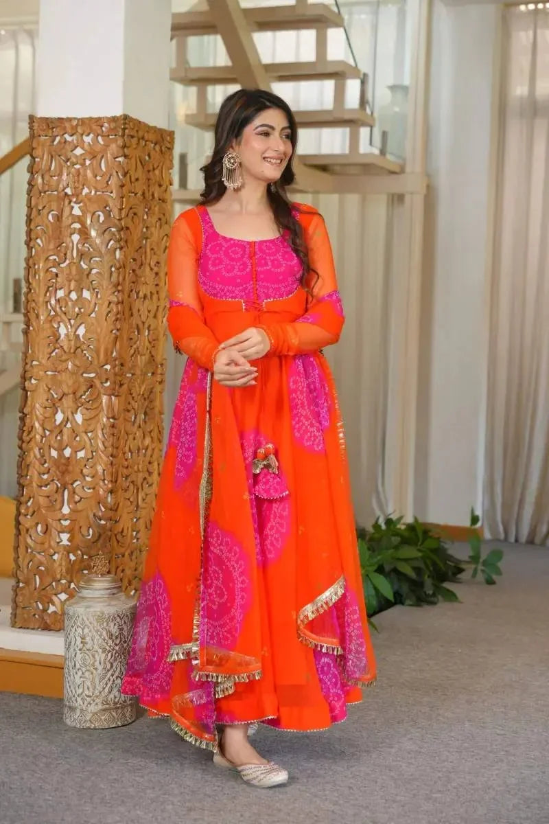 Orange Bandhani Anarkali Suit with Georgette Dupatta