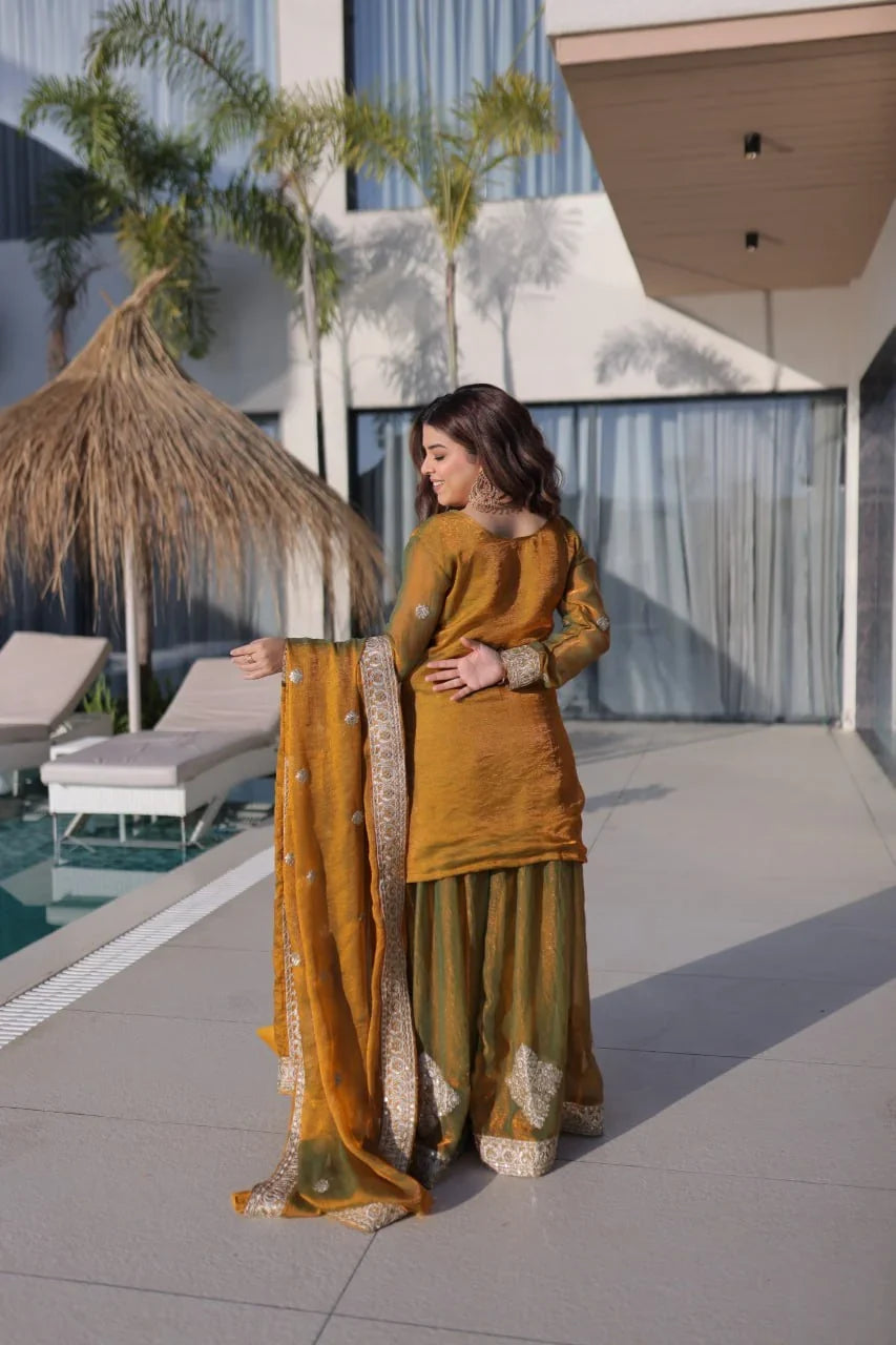 Mustard Gold Pakistani Sharara Suit – Zari & Mirror Work