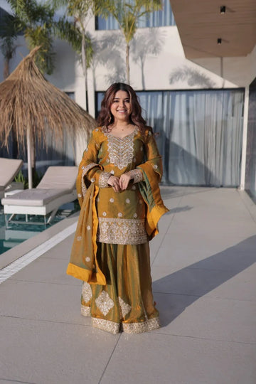 Mustard Gold Pakistani Sharara Suit – Zari & Mirror Work