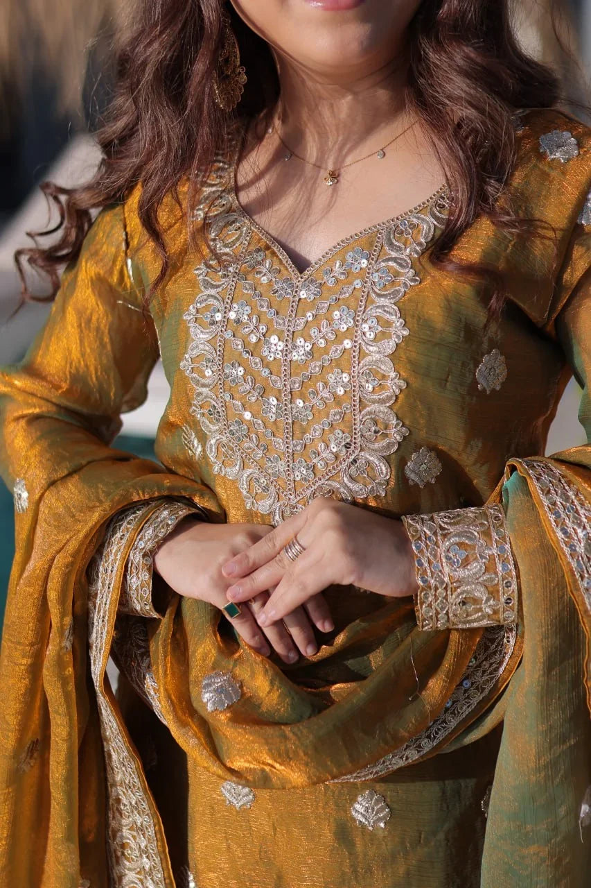 Mustard Gold Pakistani Sharara Suit – Zari & Mirror Work