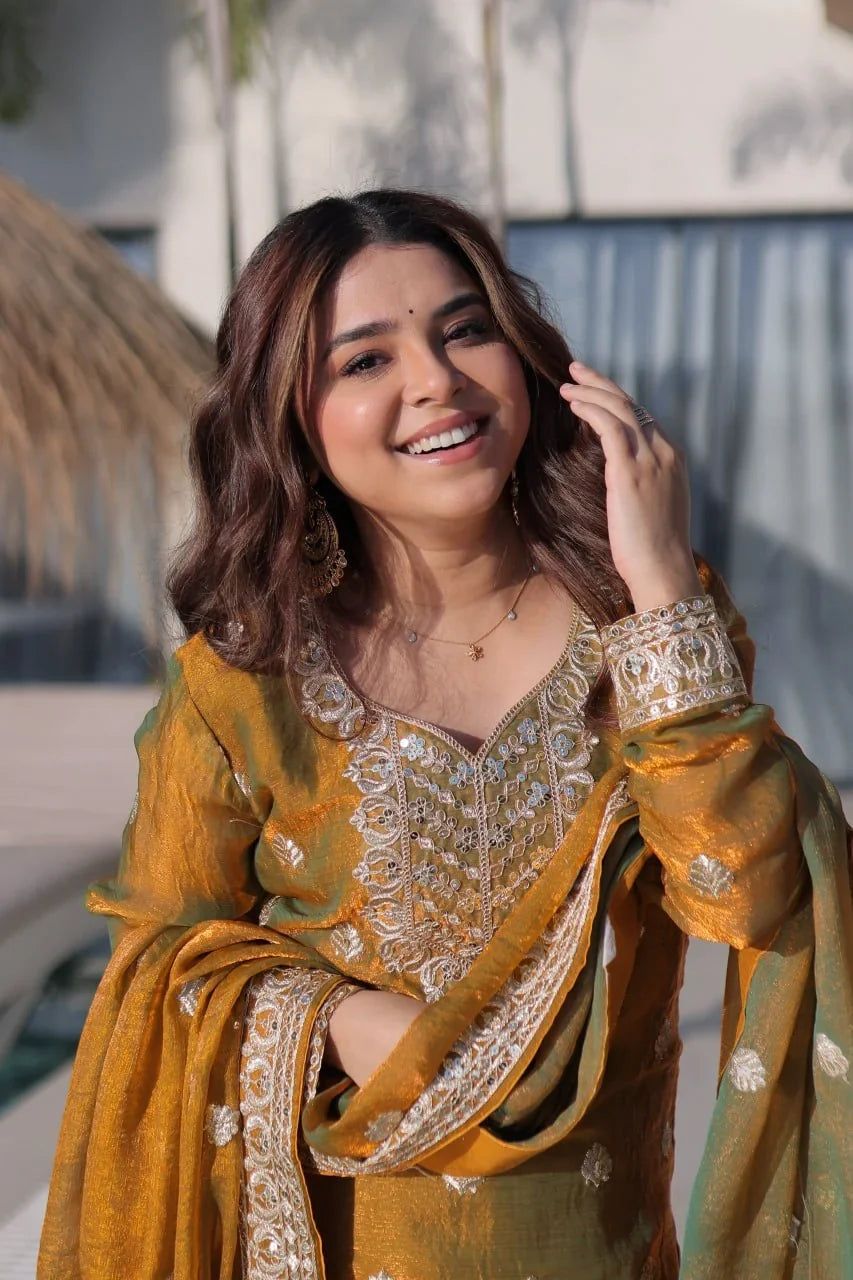 Mustard Gold Pakistani Sharara Suit – Zari & Mirror Work
